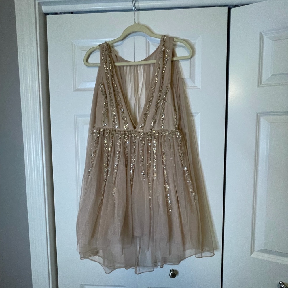 Dusty rose sequence dress with attached cape. UK 10, US 6